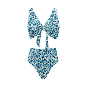 Hibiscus Pattern Print Design 04 Chest Bowknot High Waisted Bikini Swimsuit