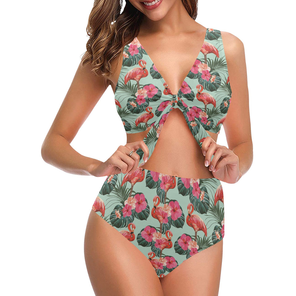 Beautiful flamingo tropical palm leaves hibiscus p Chest Bowknot High Waisted Bikini Swimsuit