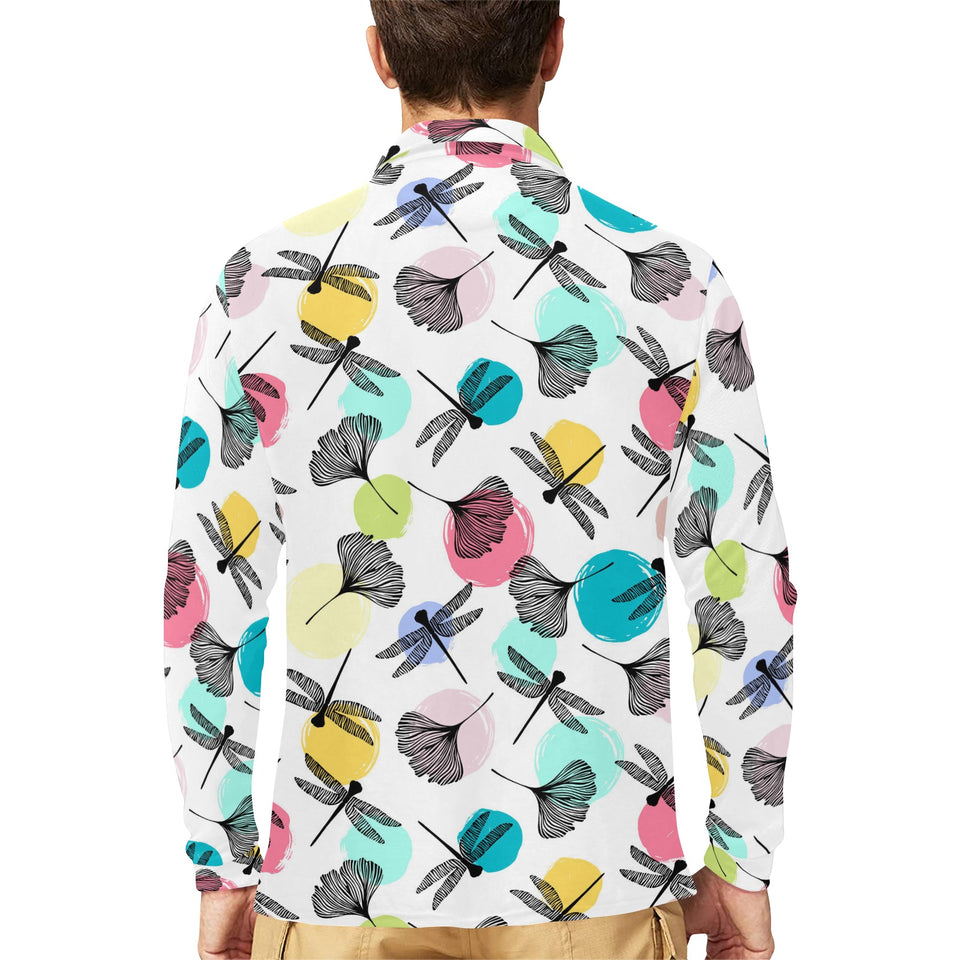 Dragonflies ginkgo leaves pattern Men's Long Sleeve Polo Shirt