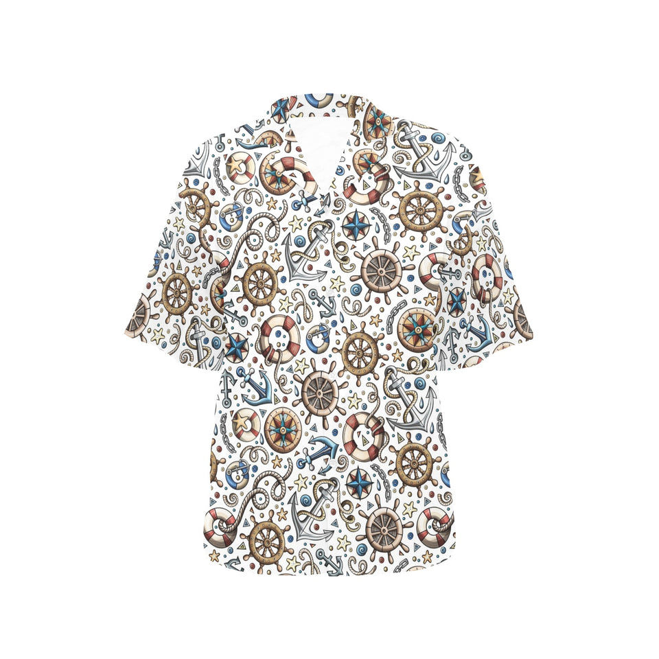 Cute nautical steering wheel anchor pattern Women's All Over Print Hawaiian Shirt