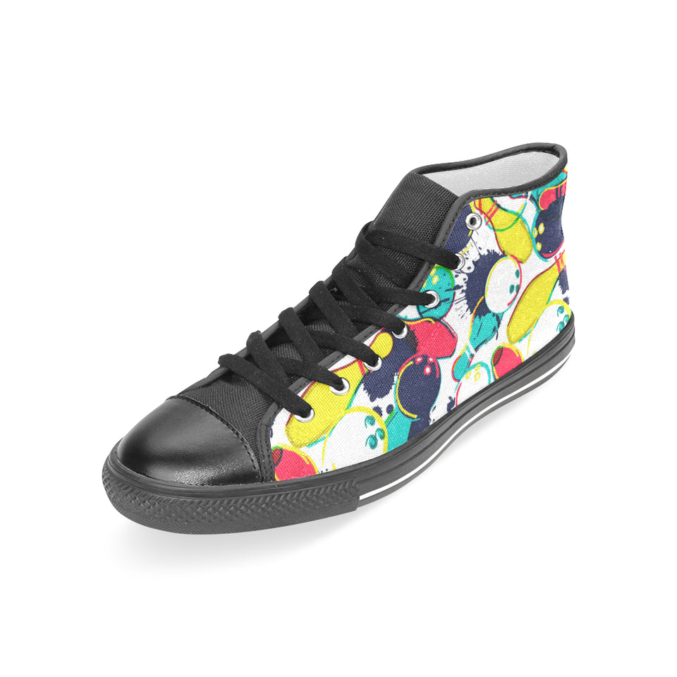 watercolor bowling ball pins Women's High Top Canvas Shoes Black