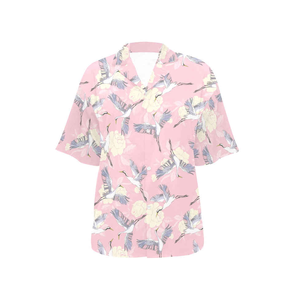 Japanese crane rose pattern Women's All Over Print Hawaiian Shirt