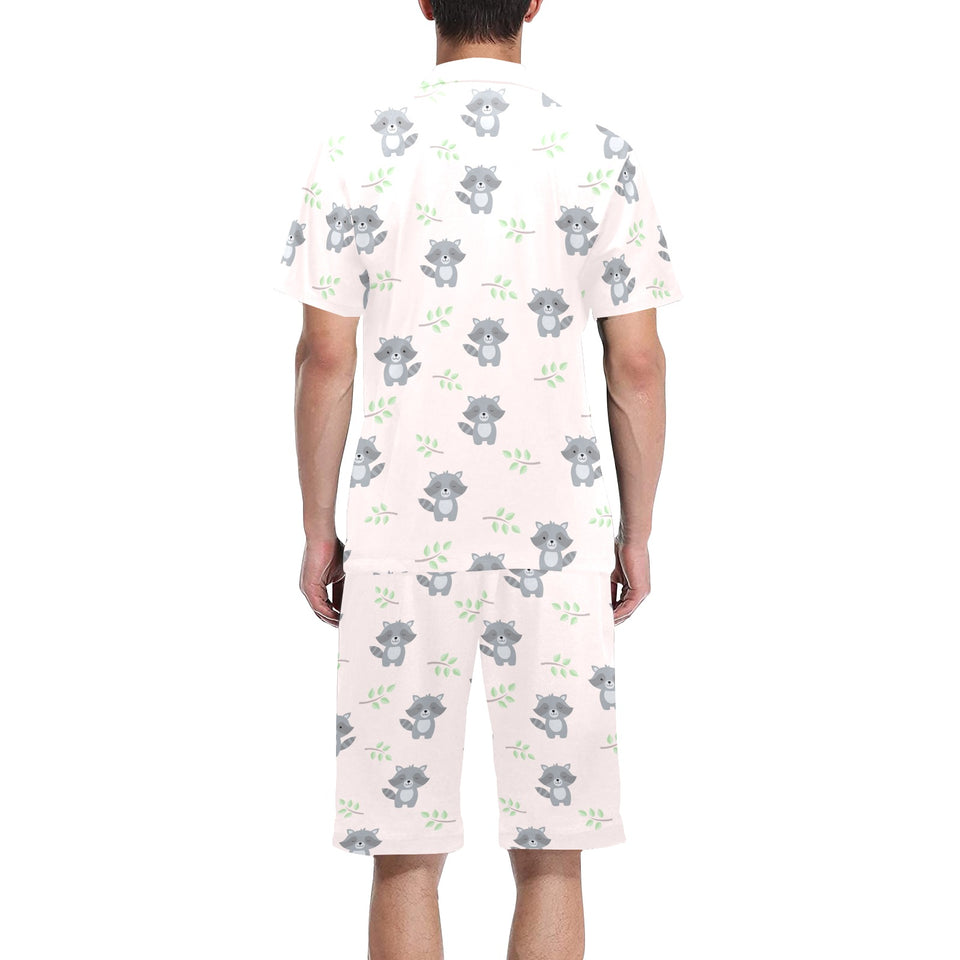 cute raccoons leaves pattern Men's V-Neck Short Pajama Set