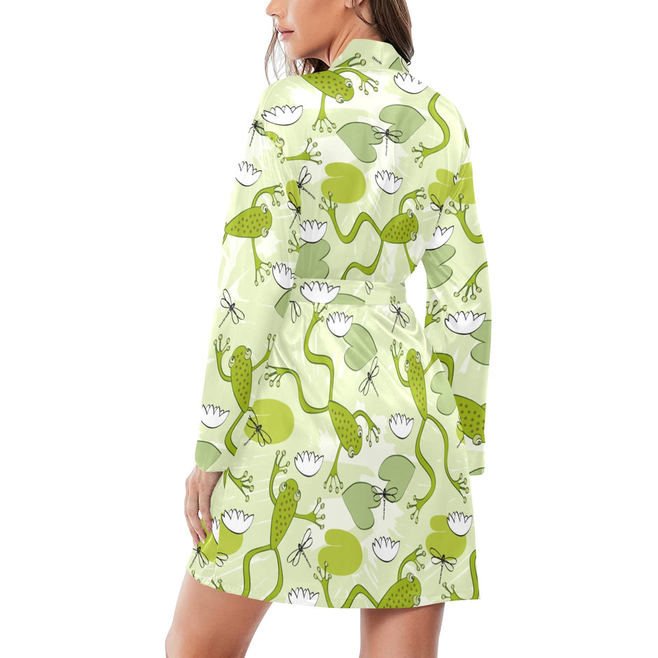 Cute frog dragonfly pattern Women's Long Sleeve Belted Night Robe