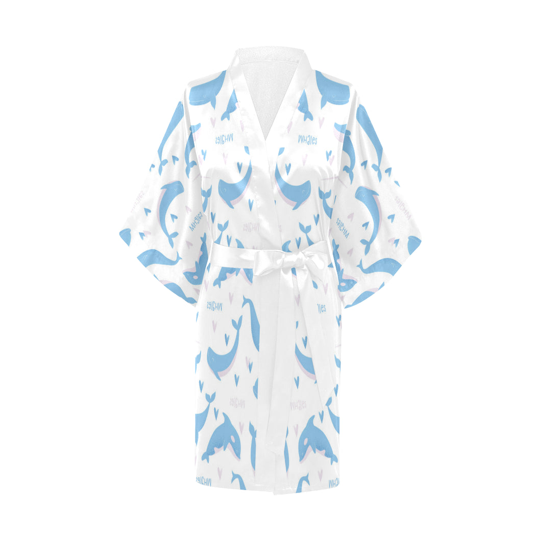 Blue whale pattern Women's Short Kimono Robe