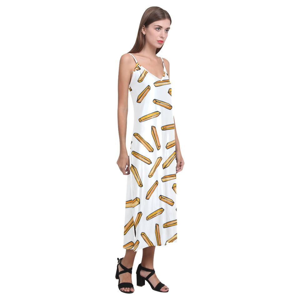 French fries potato pattern V-Neck Open Fork Long Dress