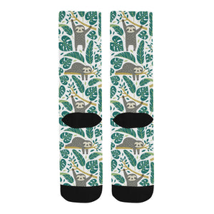Cute sloths tropical palm leaves white background Crew Socks