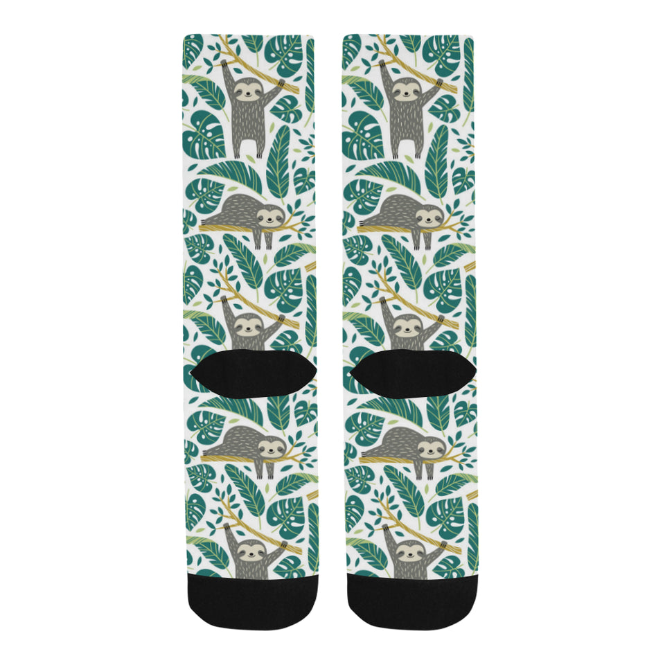 Cute sloths tropical palm leaves white background Crew Socks