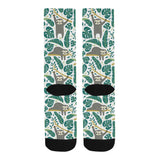 Cute sloths tropical palm leaves white background Crew Socks
