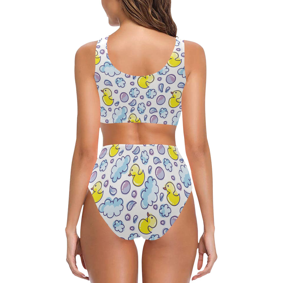 Duck Pattern Print Design 01 Chest Bowknot High Waisted Bikini Swimsuit