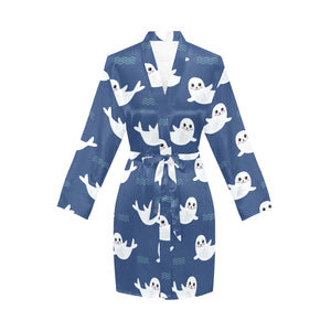 Cute white baby sea lion seal pattern Women's Long Sleeve Belted Night Robe