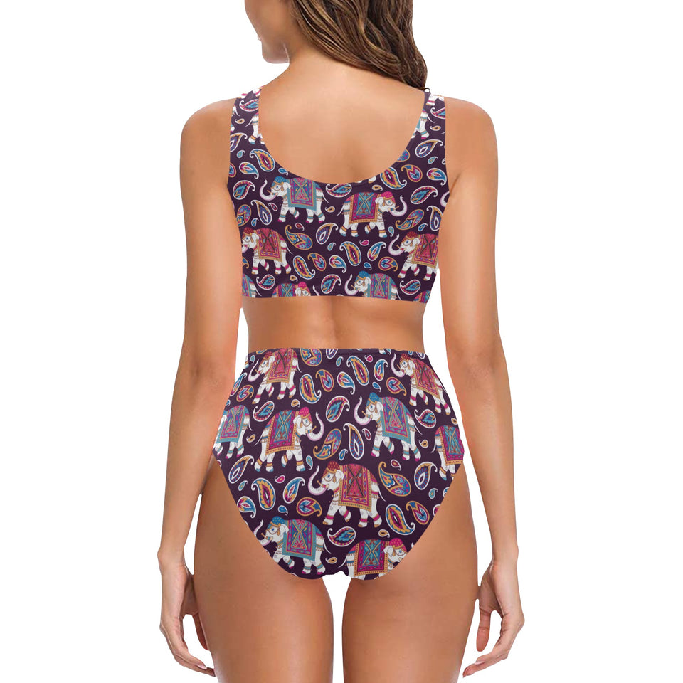 Elephant indian style ornament pattern Chest Bowknot High Waisted Bikini Swimsuit