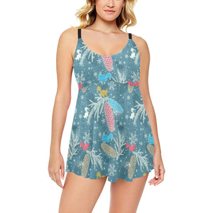 Squirrel Pattern Print Design 01 Chest Sexy Pleated Two Piece Swim Dress