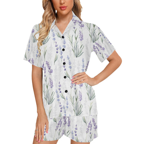 Hand painting Watercolor Lavender Women's V-Neck Short Pajama Set