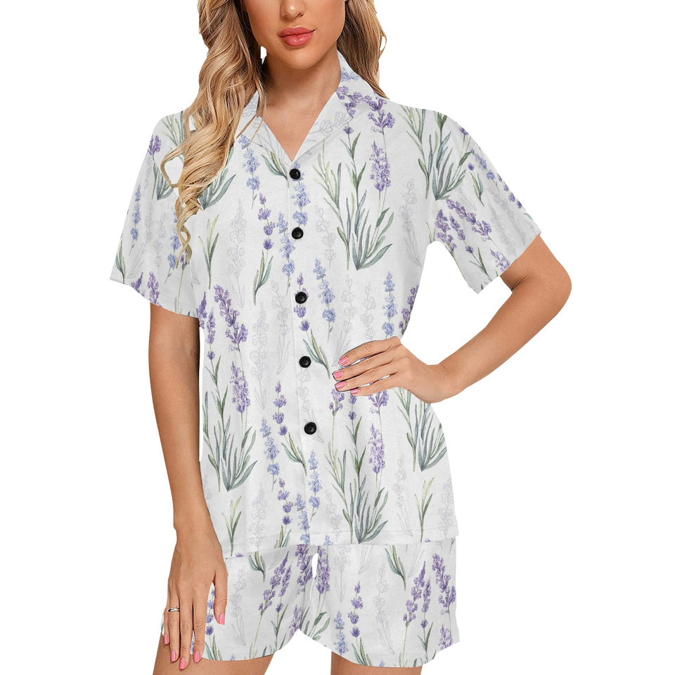 Hand painting Watercolor Lavender Women's V-Neck Short Pajama Set