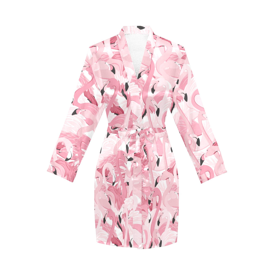 Pink flamingos pattern background Women's Long Sleeve Belted Night Robe