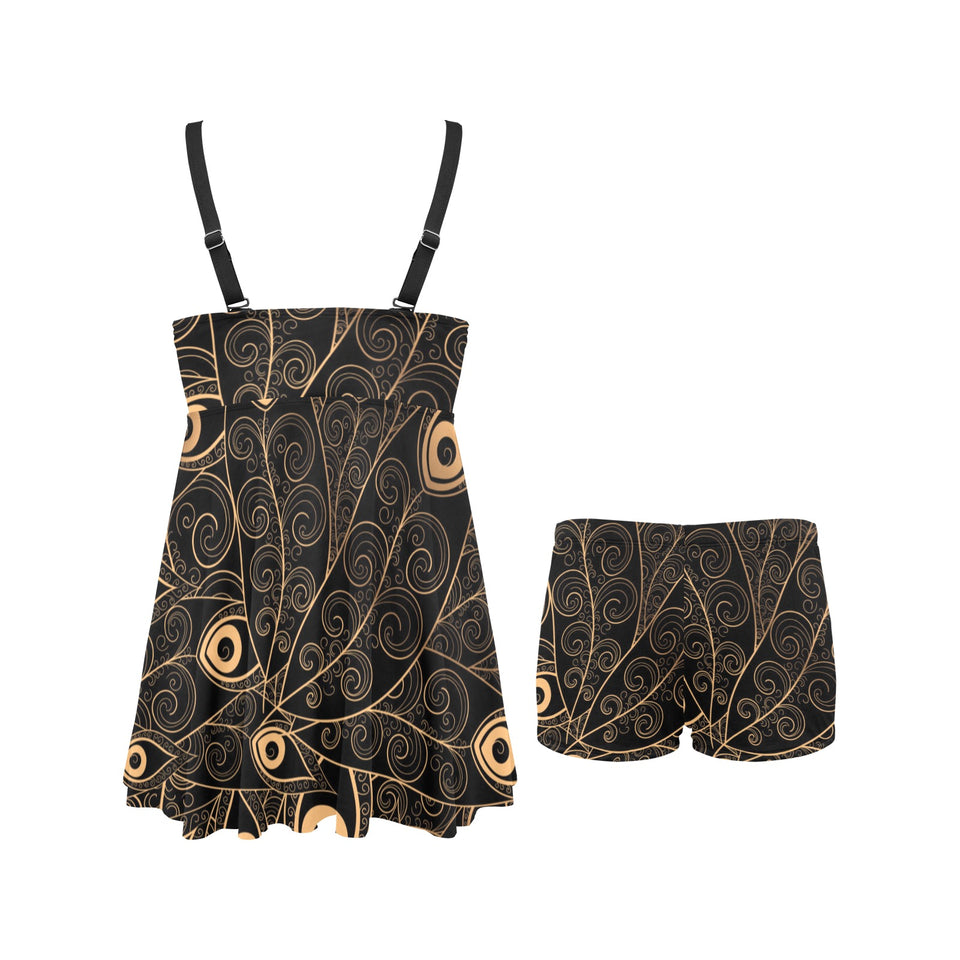 Gold peacock feather pattern Chest Sexy Pleated Two Piece Swim Dress