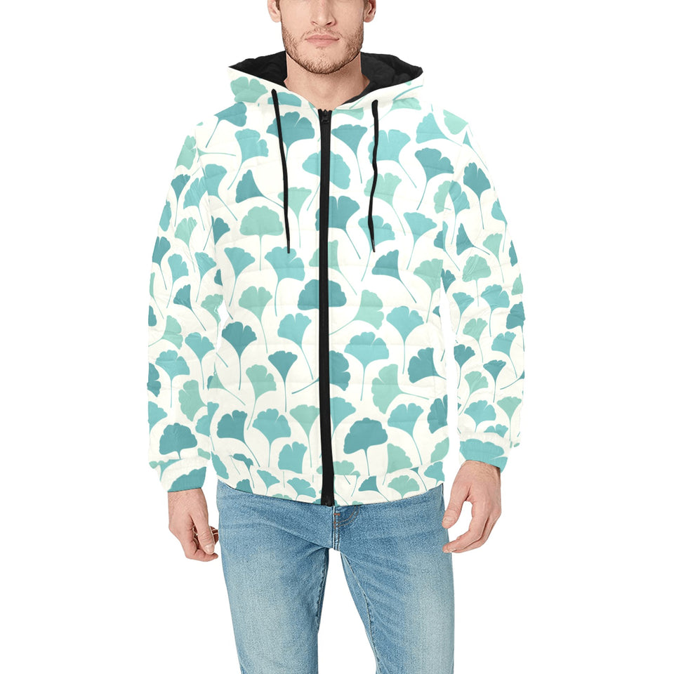 Green ginkgo leaves pattern Men's Padded Hooded Jacket