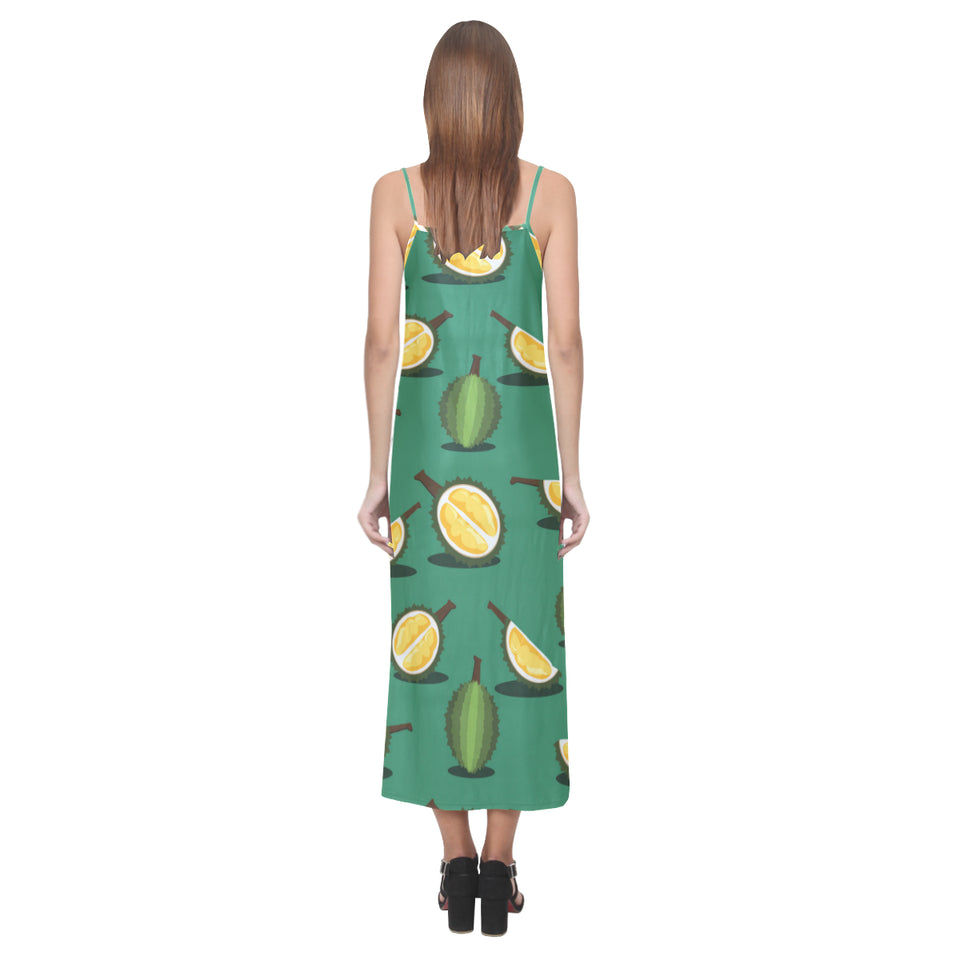 Durian pattern green background V-Neck Open Fork Long Dress