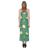 Durian pattern green background V-Neck Open Fork Long Dress