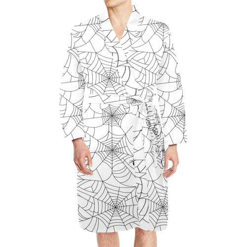 Spider web cobweb pattern white background Men's Long Sleeve Belted Night Robe