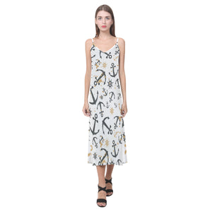 Anchors Rudders pattern V-Neck Open Fork Long Dress
