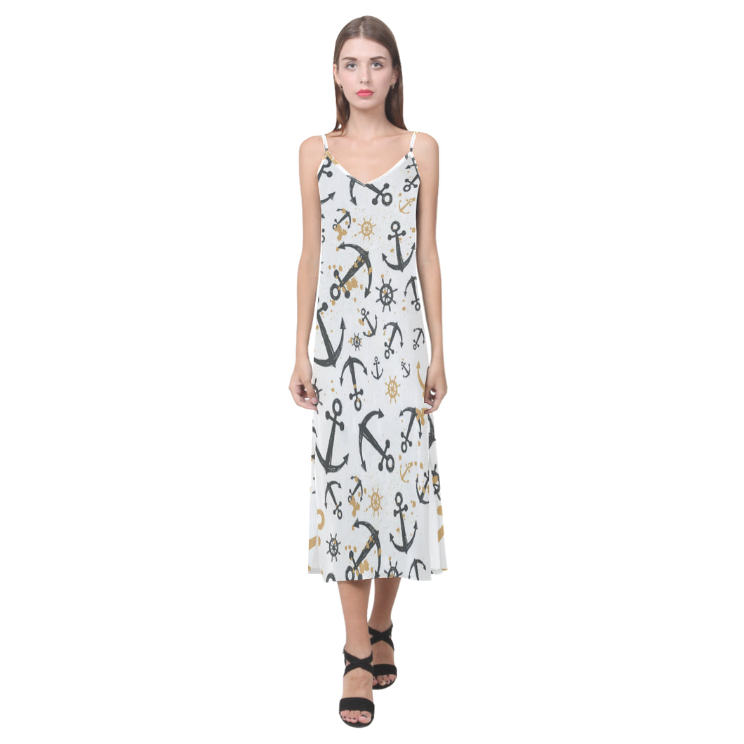 Anchors Rudders pattern V-Neck Open Fork Long Dress