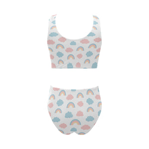 Cute rainbow clound pattern Chest Bowknot High Waisted Bikini Swimsuit
