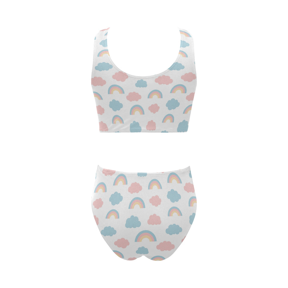 Cute rainbow clound pattern Chest Bowknot High Waisted Bikini Swimsuit
