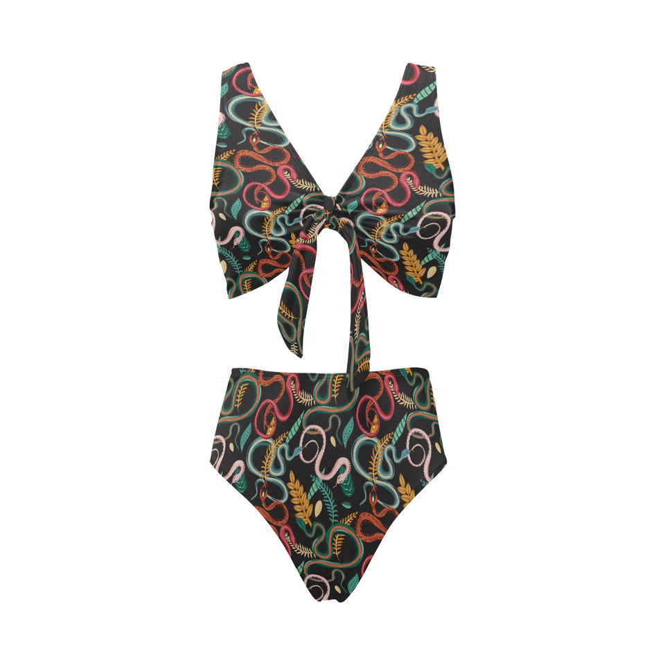 Colorful snake plant pattern Chest Bowknot High Waisted Bikini Swimsuit
