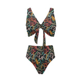Colorful snake plant pattern Chest Bowknot High Waisted Bikini Swimsuit
