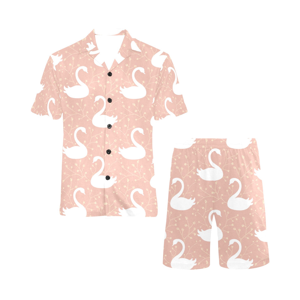 Swan flower light pink background Men's V-Neck Short Pajama Set
