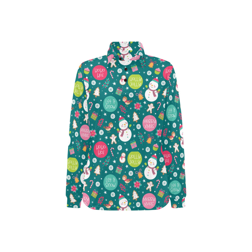 Snowman bird decorative elements christmas pattern Women's Long Sleeve Polo Shirt