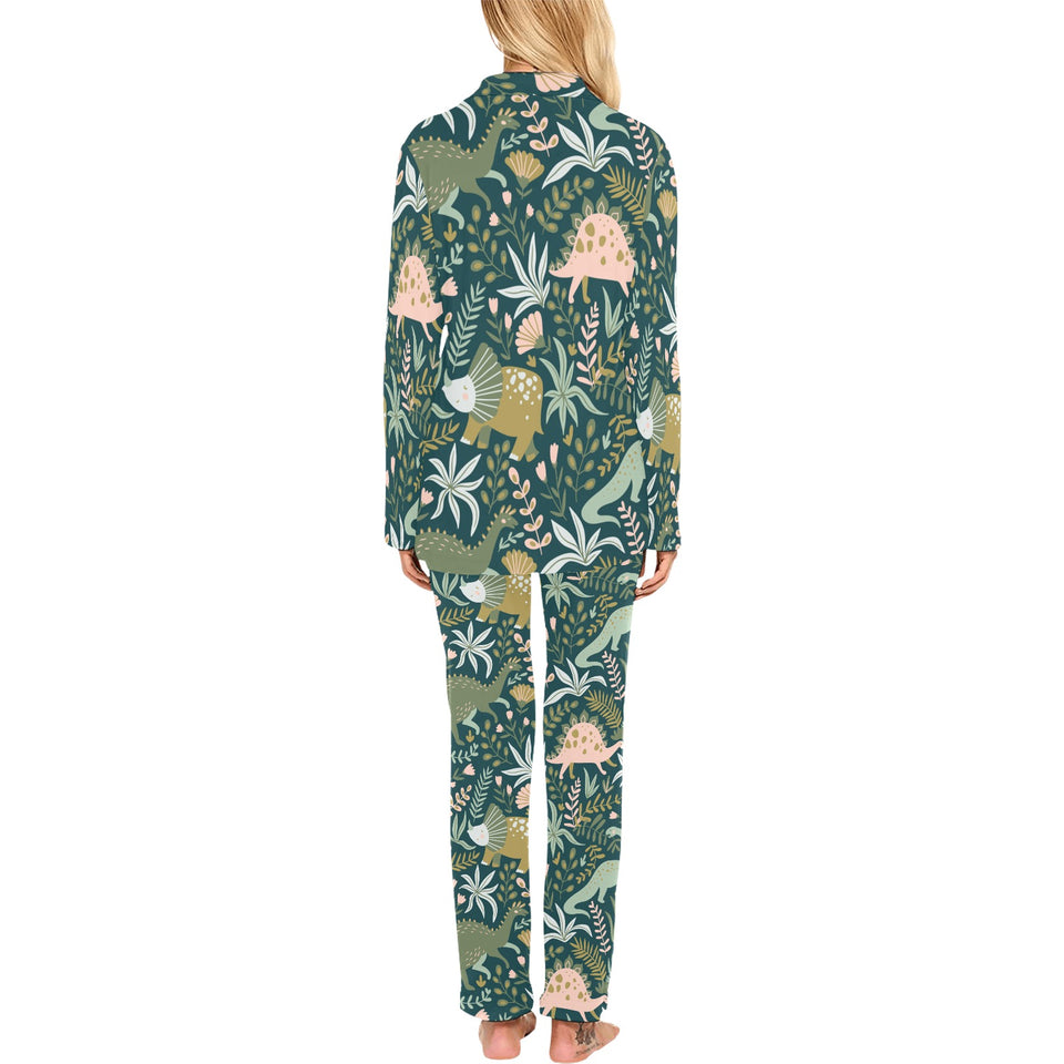 dinosaurs tropical leaves flower pattern Women's Long Pajama Set