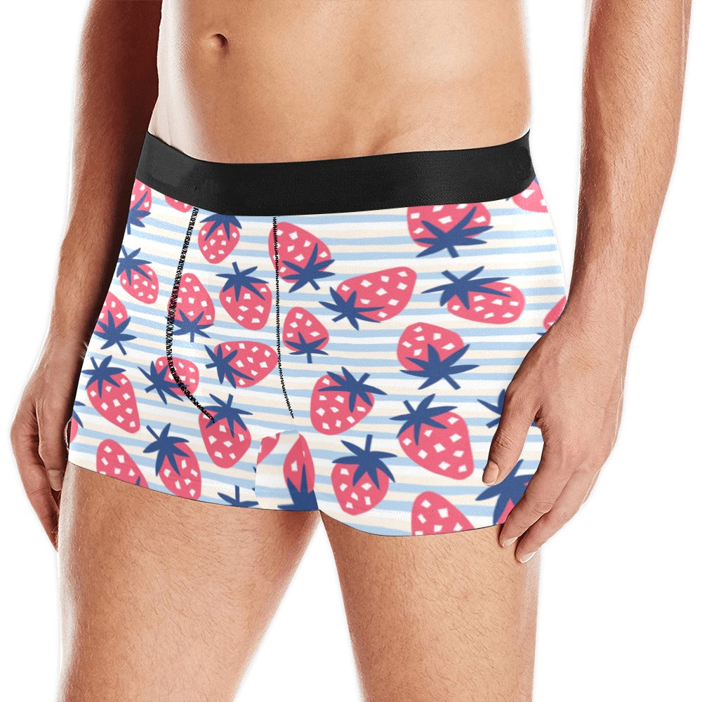 Strawberry pattern blue lines background Men's All Over Print Boxer Briefs Men's Underwear