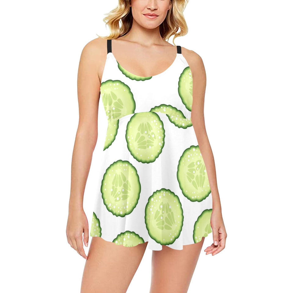 Cucumber slices pattern Chest Sexy Pleated Two Piece Swim Dress