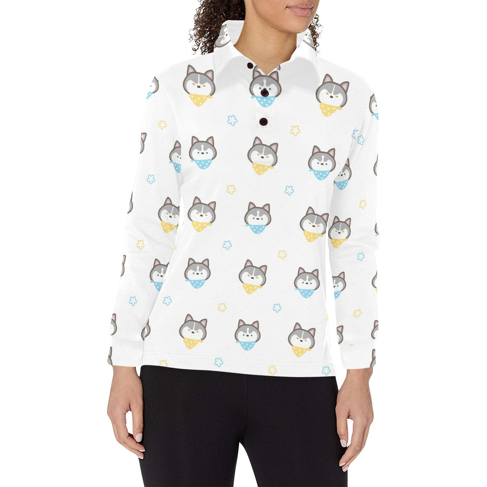 Cute Siberian Husky pattern Women's Long Sleeve Polo Shirt
