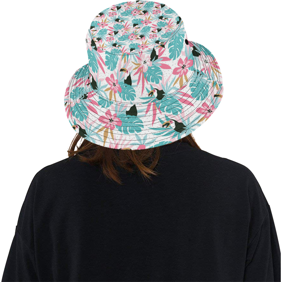 Toucan tropical flower leave pattern Unisex Bucket Hat