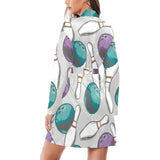 Bowling ball and pin gray background Women's Long Sleeve Belted Night Robe