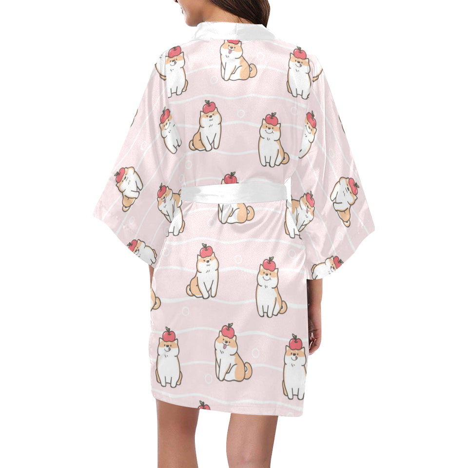 Cute Shiba Inu Dog Apple pattern Women's Short Kimono Robe