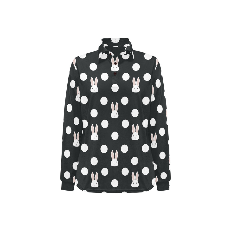 Cute white rabbit polka dots black background Women's Long Sleeve Polo Shirt