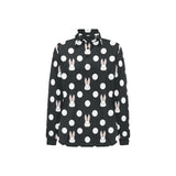 Cute white rabbit polka dots black background Women's Long Sleeve Polo Shirt