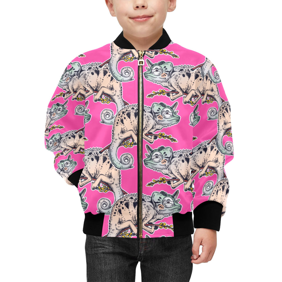 Chameleon lizard pattern pink background Kids' Boys' Girls' Bomber Jacket