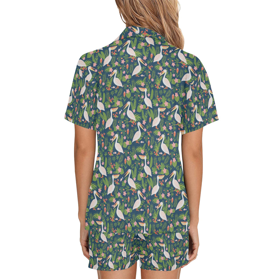 Pelican Pattern Print Design 05 Women's V-Neck Short Pajama Set