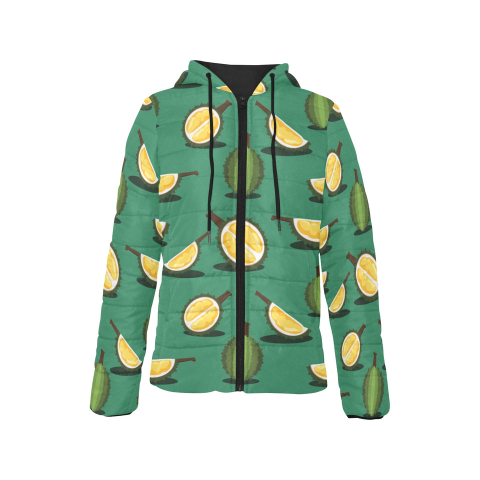 Durian pattern green background Women's Padded Hooded Jacket