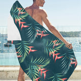 heliconia flowers, palm and monstera leaves on bla Beach Towel