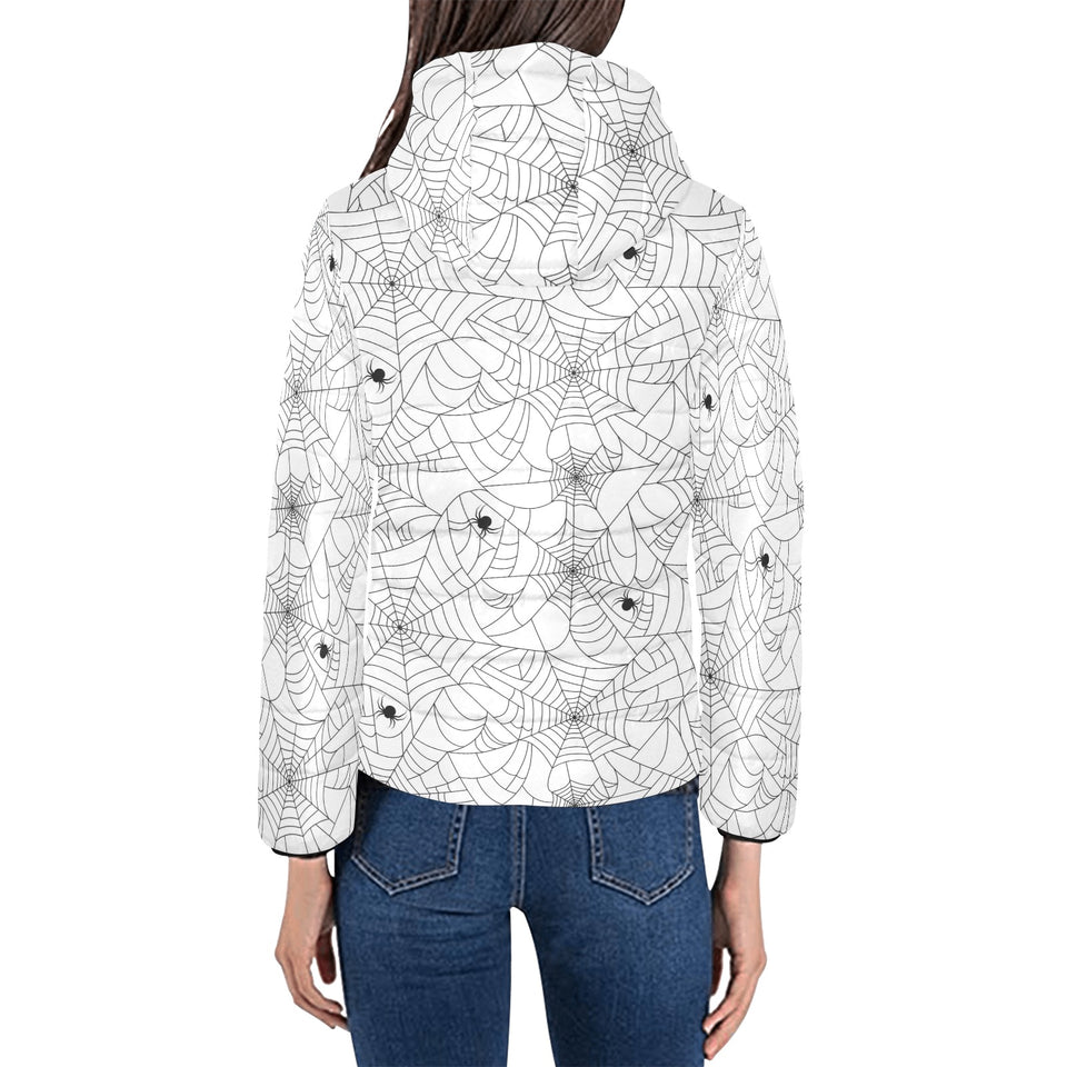 Spider web cobweb pattern white background Women's Padded Hooded Jacket