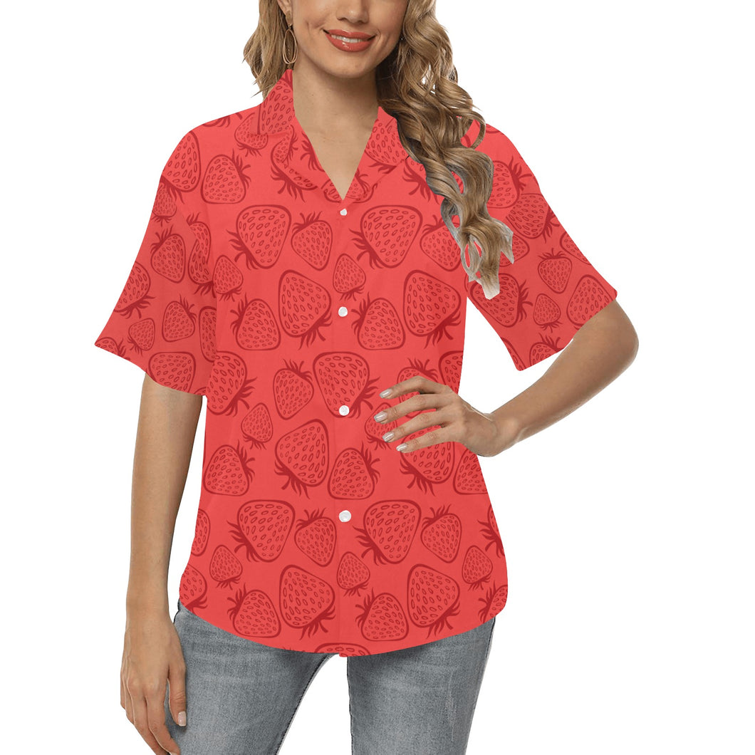 strawberry pattern red background Women's All Over Print Hawaiian Shirt