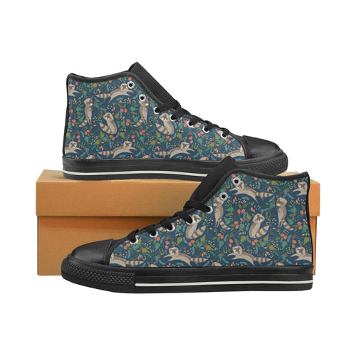 Raccoon tropical leaves pattern Women's High Top Canvas Shoes Black