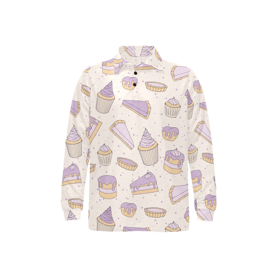 Cakes pies tarts muffins and eclairs purple bluebe Men's Long Sleeve Polo Shirt